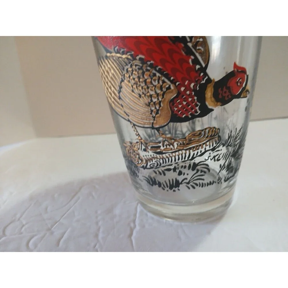 Vintage PHEASANTS HUNTING CLEAR GLASS COCKTAIL SHAKER 1960s Chrome Lid
